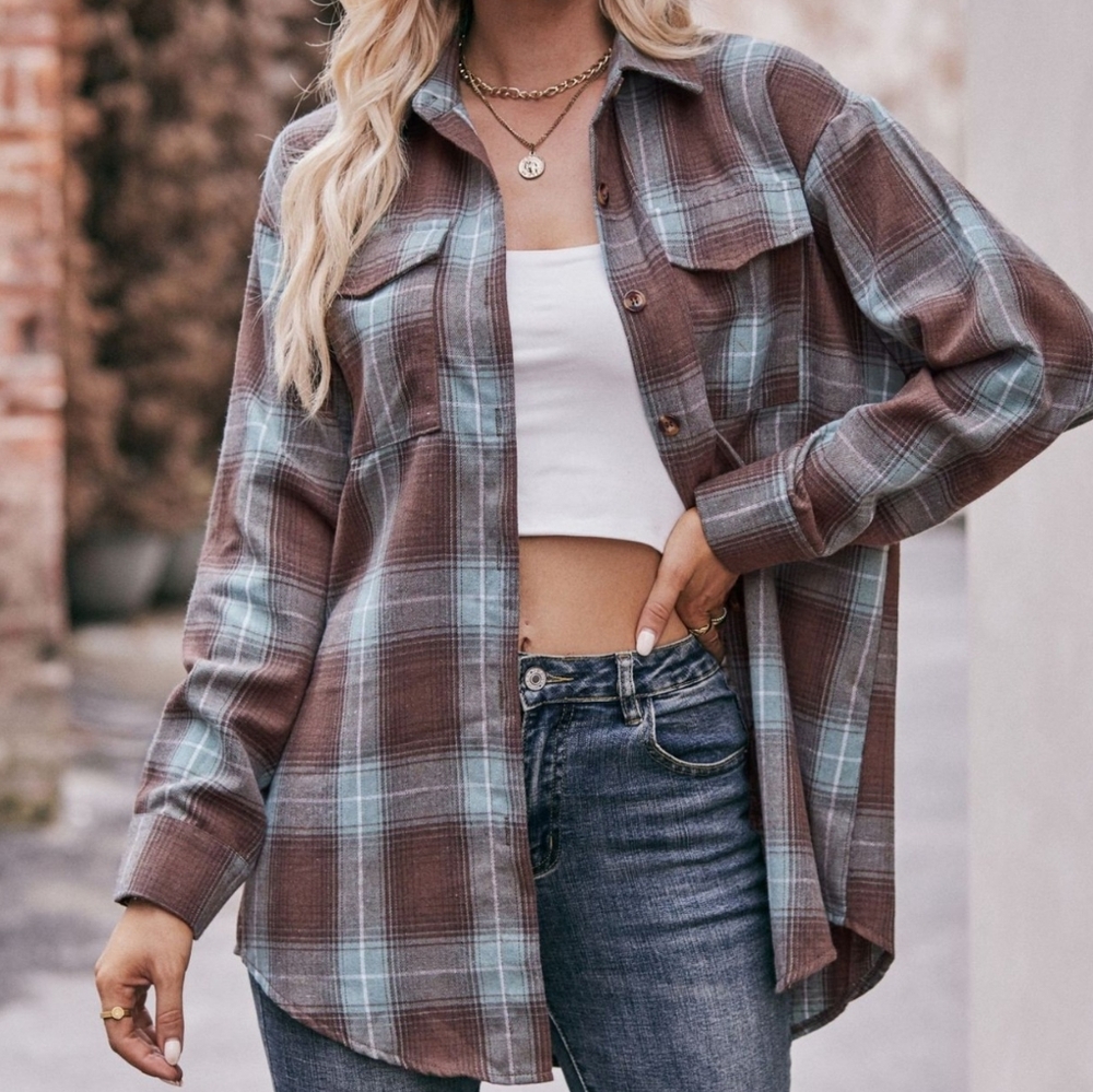 Vivian Plaid Button-Down Shirt - Brown Green - Picture 5 of 6